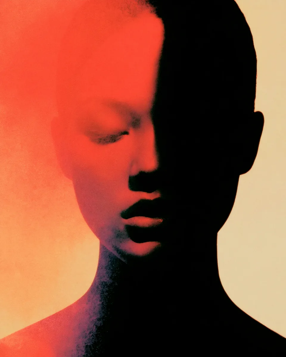 Graphic red and black profile portrait, AI-generated visual